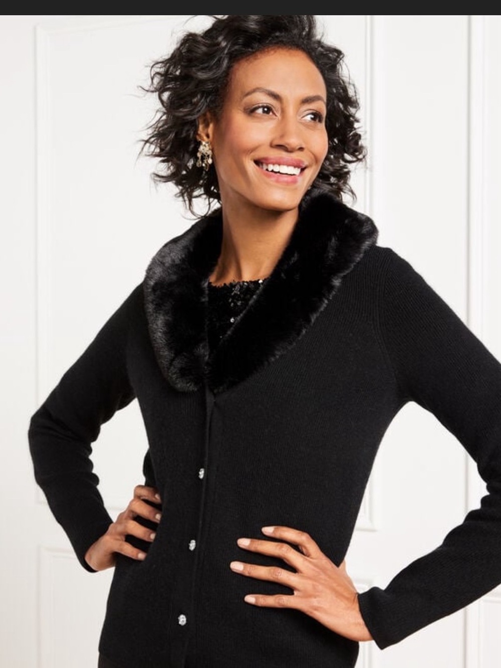 Talbots Dressy Cardigan, Removable Faux Fur Collar, Sparkly Buttons